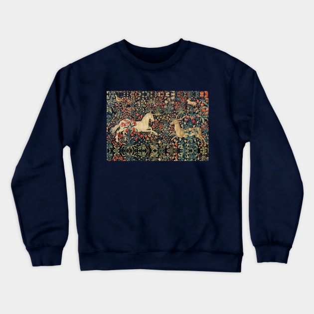 UNICORN AND DEER AMONG FLOWERS, FOREST ANIMALS FLEMISH FLORAL Crewneck Sweatshirt by BulganLumini